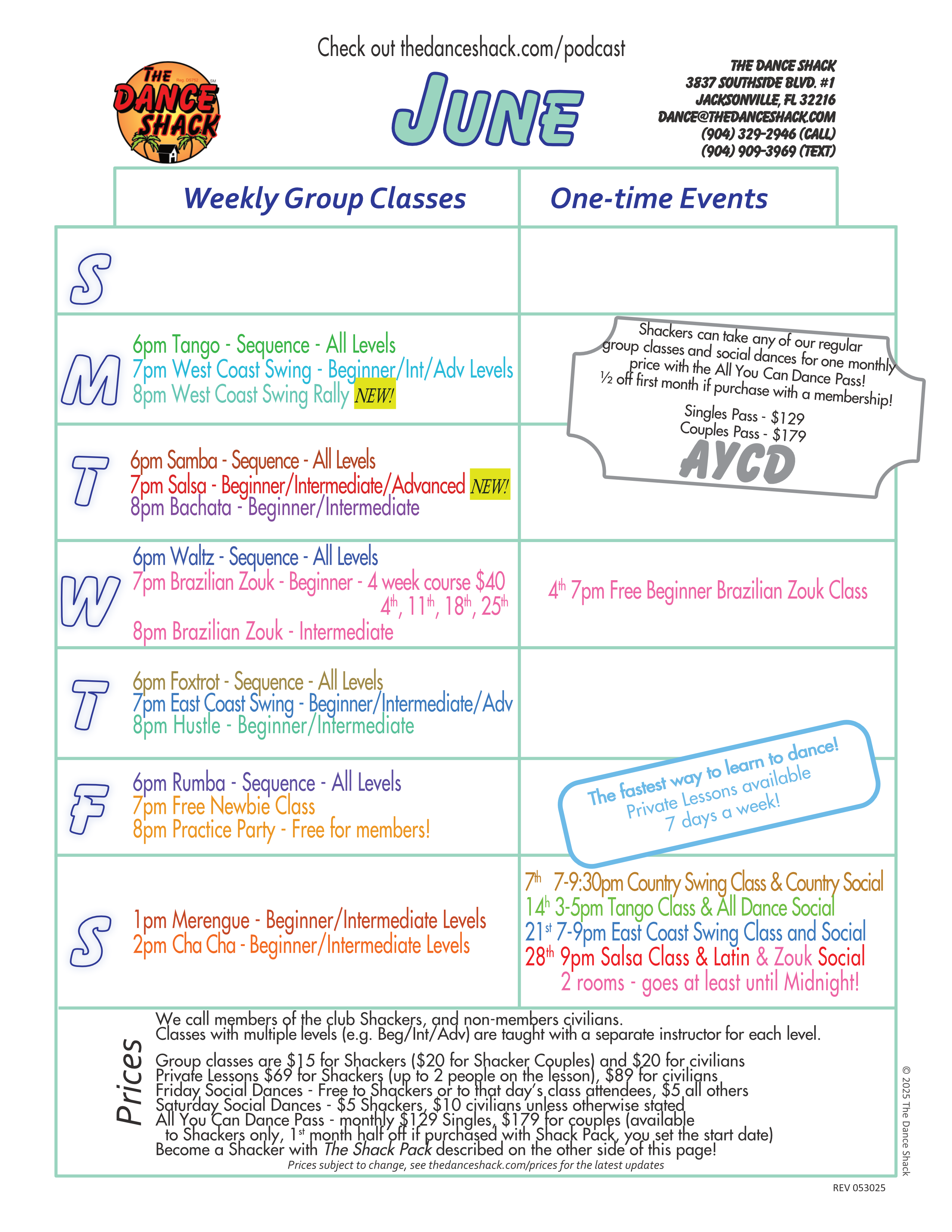 The Dance Shack's paper calendar for June 2025