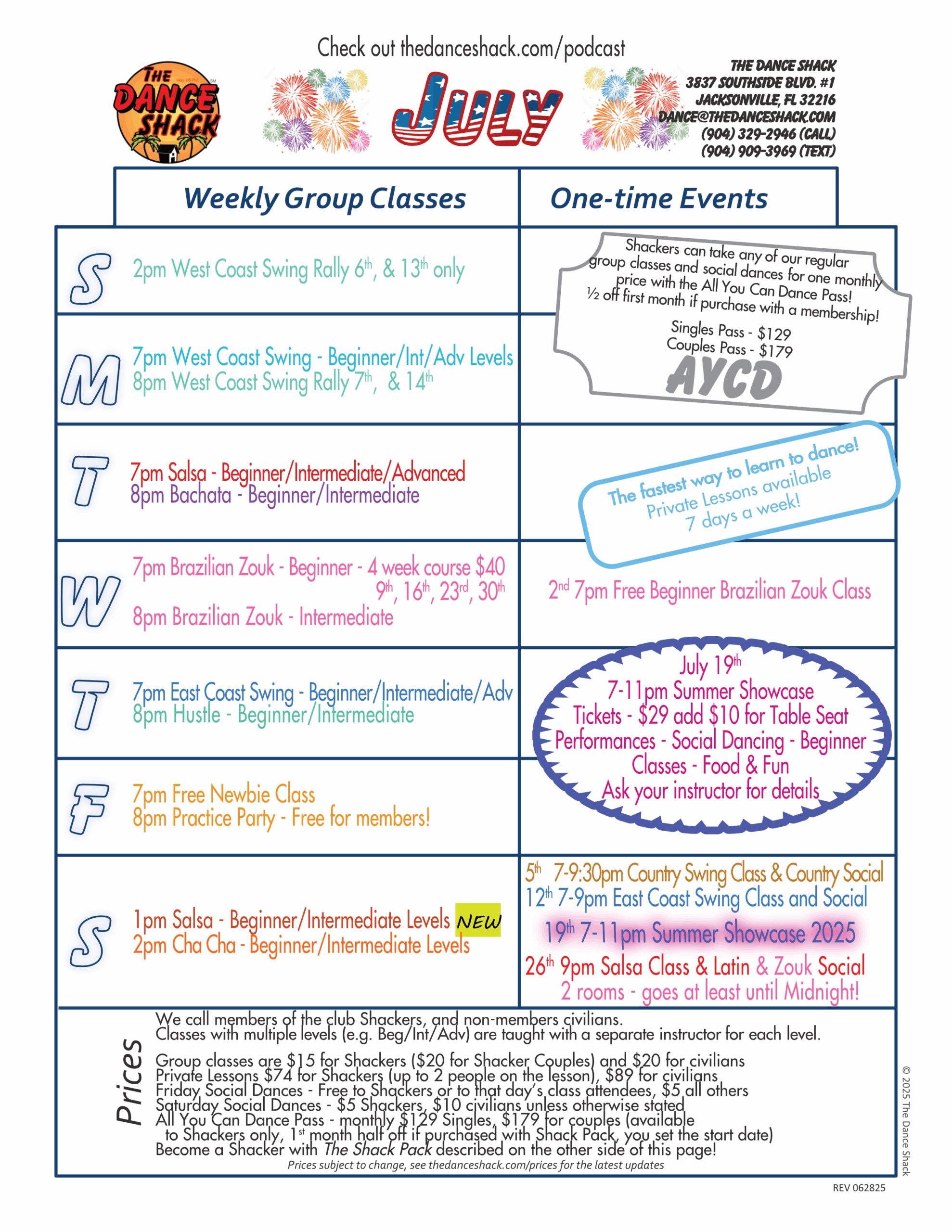 The Dance Shack's paper calendar for July 2025