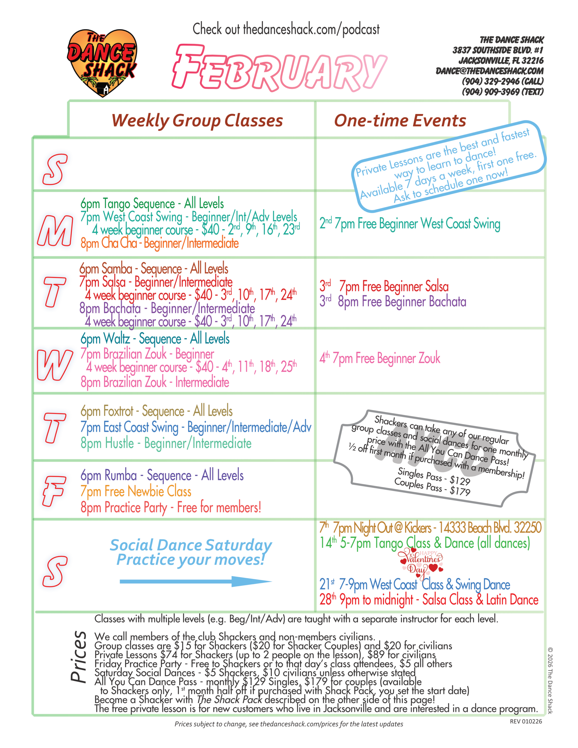 The Dance Shack's paper calendar for February 2026