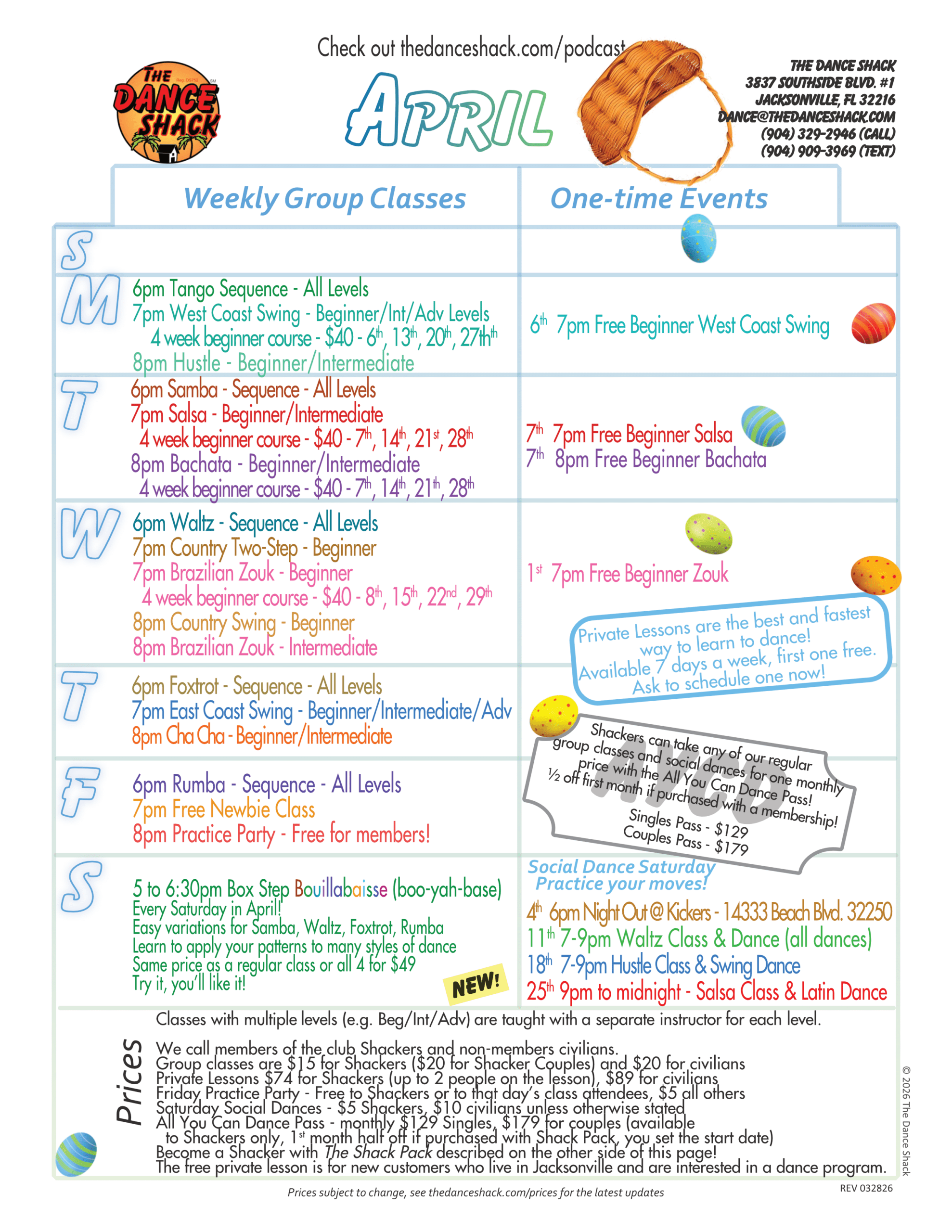 The Dance Shack's paper calendar for April 2026