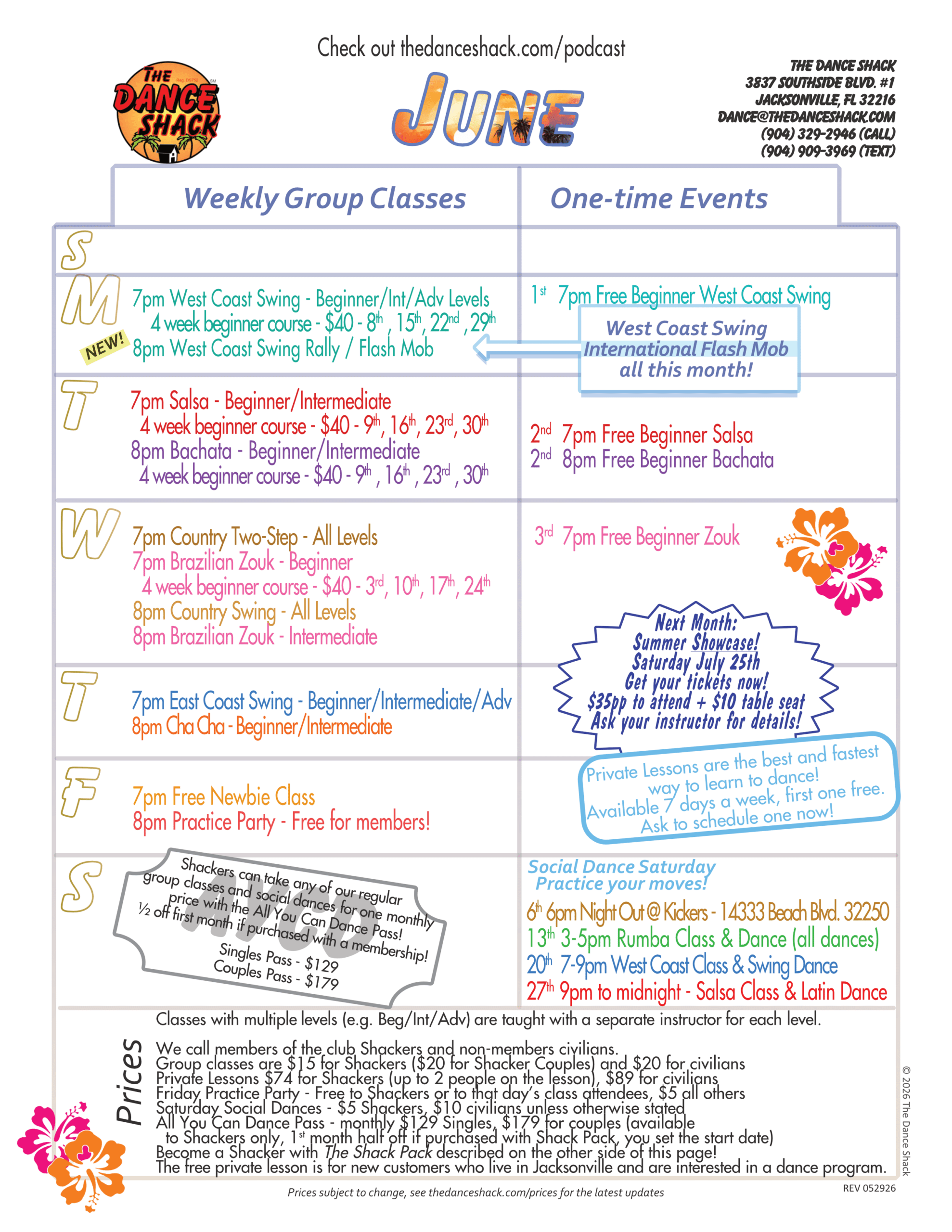 The Dance Shack's paper calendar for June 2026