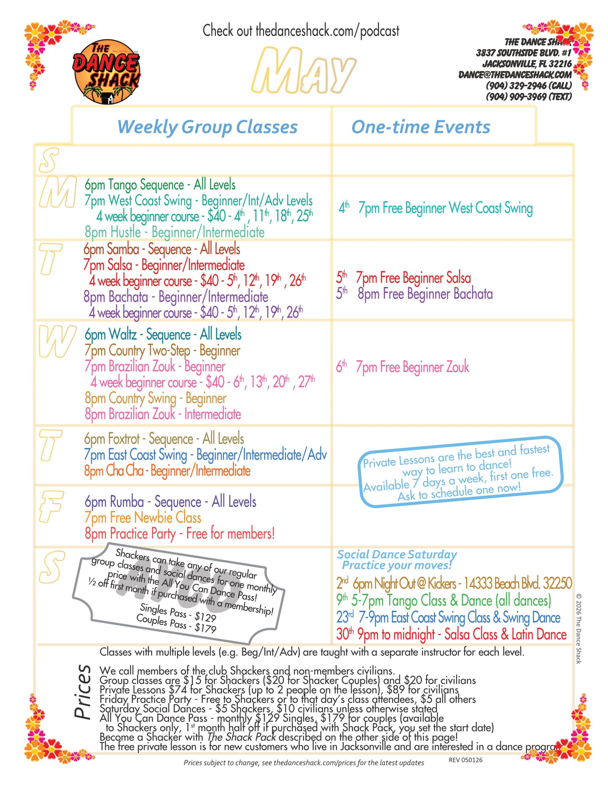 The Dance Shack's paper calendar for May 2026