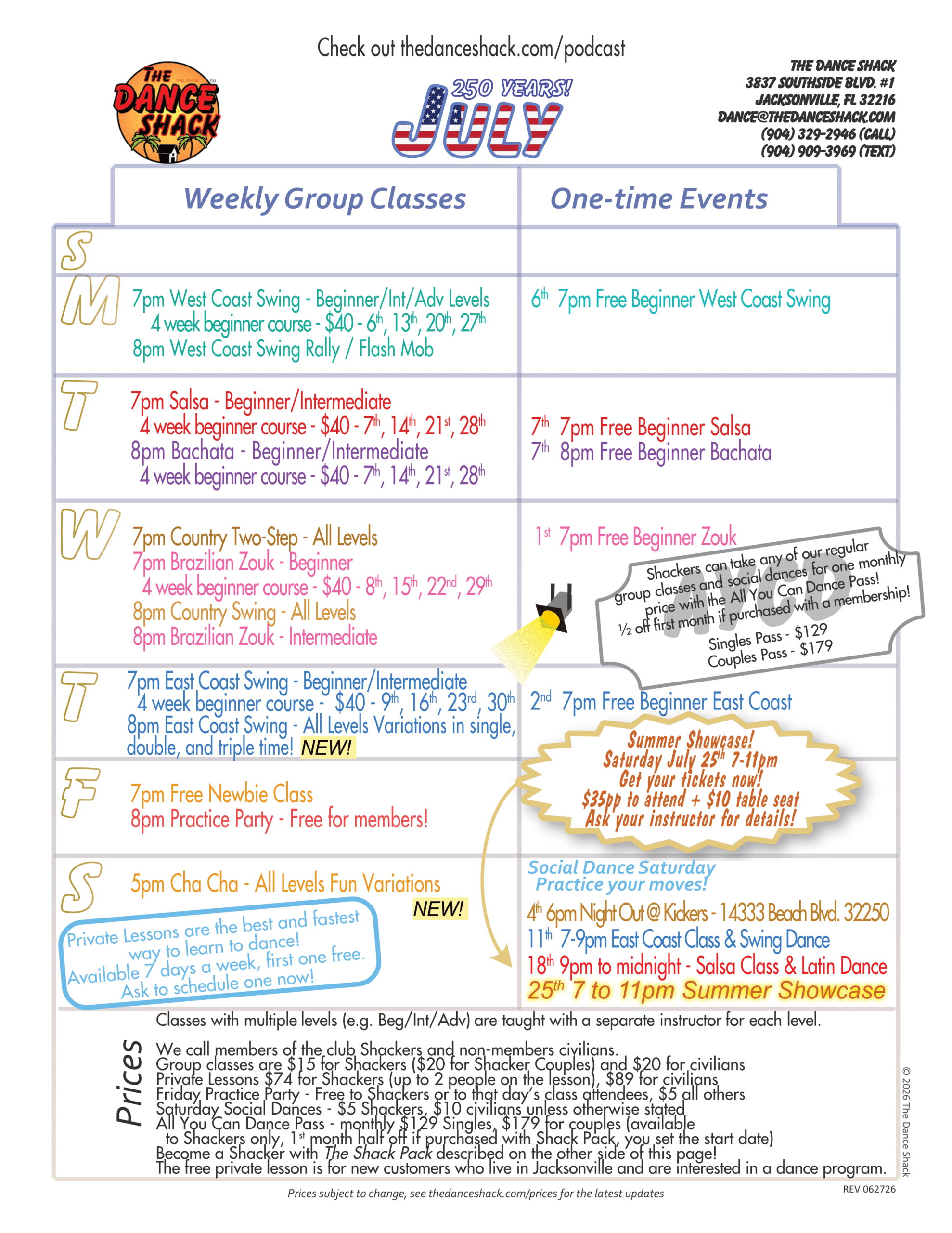 The Dance Shack's paper calendar for July 2026