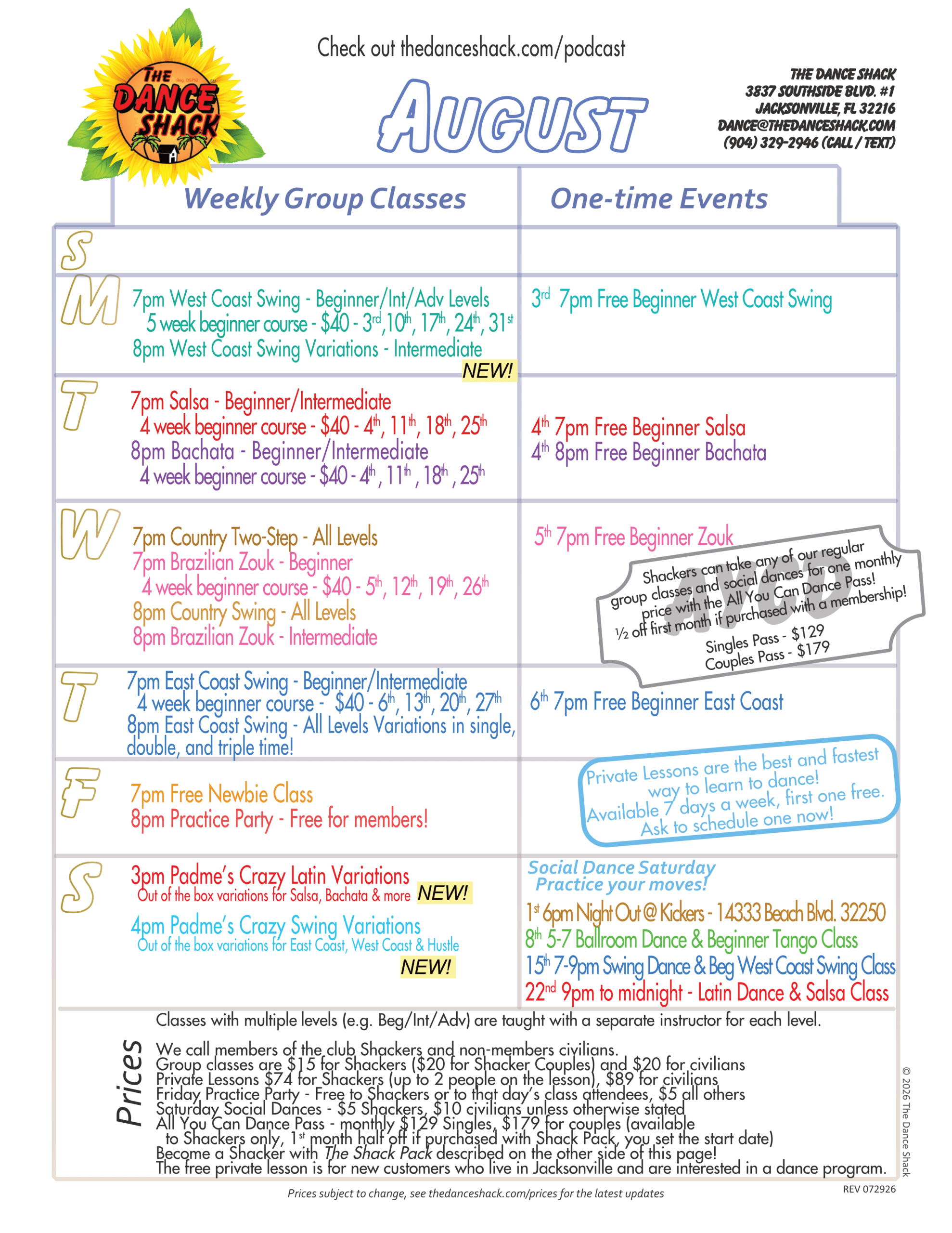 The Dance Shack's paper calendar for August 2026