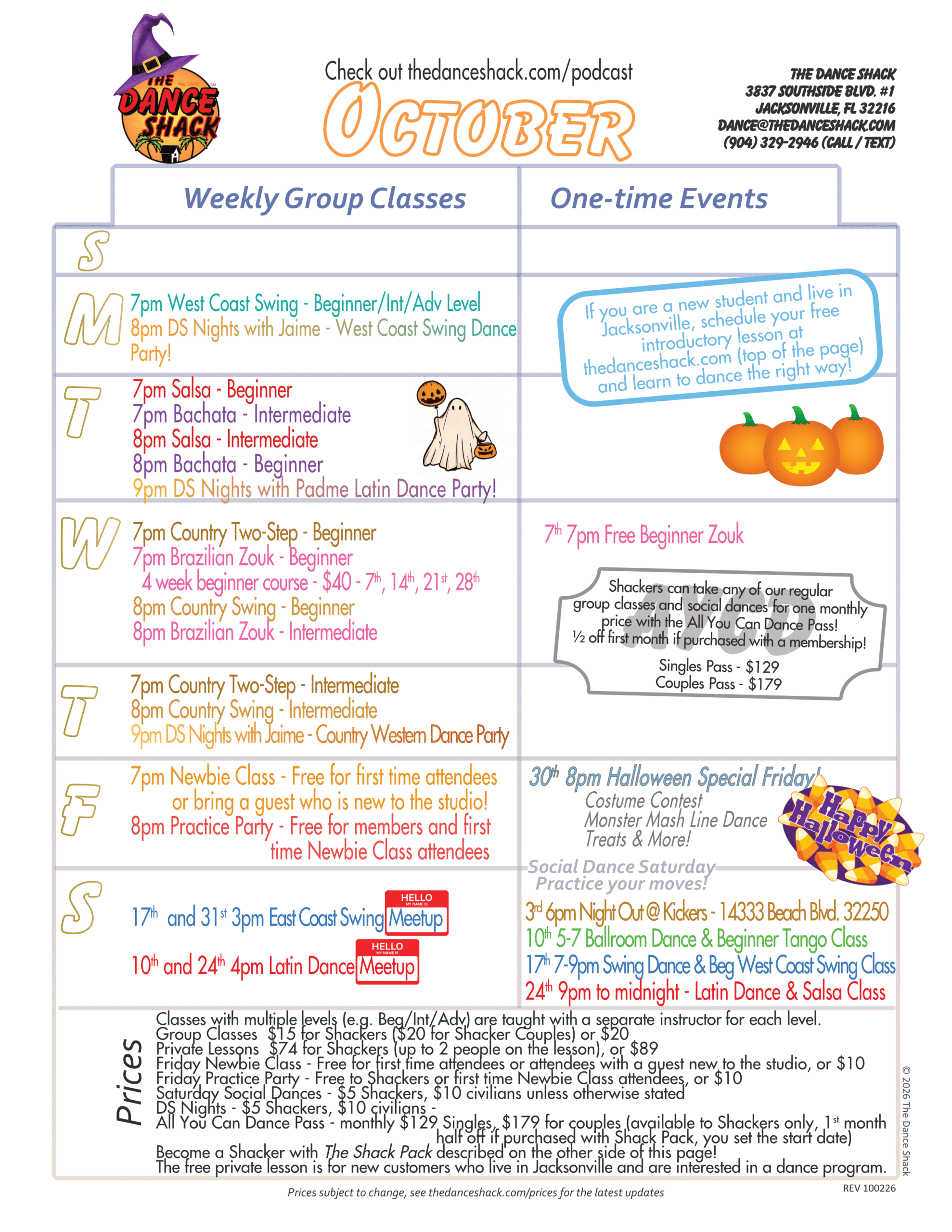 The Dance Shack's paper calendar for October 2026